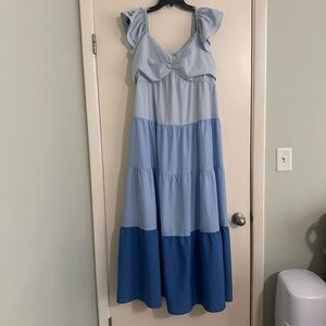 English Factory Light and Dark Blue Tiered Maxi Dress